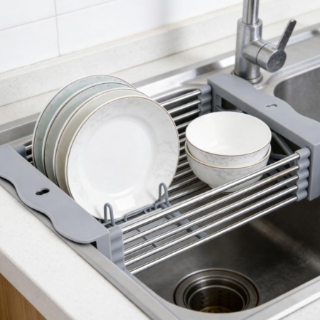 Adjustable sink drain rack, household extendable fruit and vegetable drain basket, space-saving kitchen storage tool